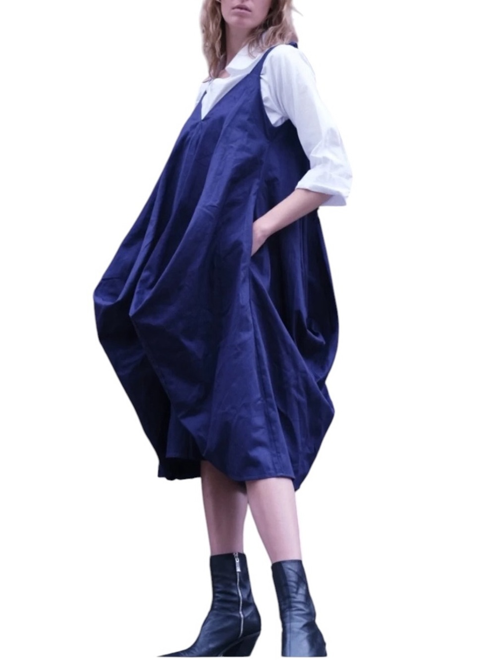 Johann Brun 🇬🇧 black thick cotton balloon hem sleeveless tie shoulder dress - Picture 3 of 15